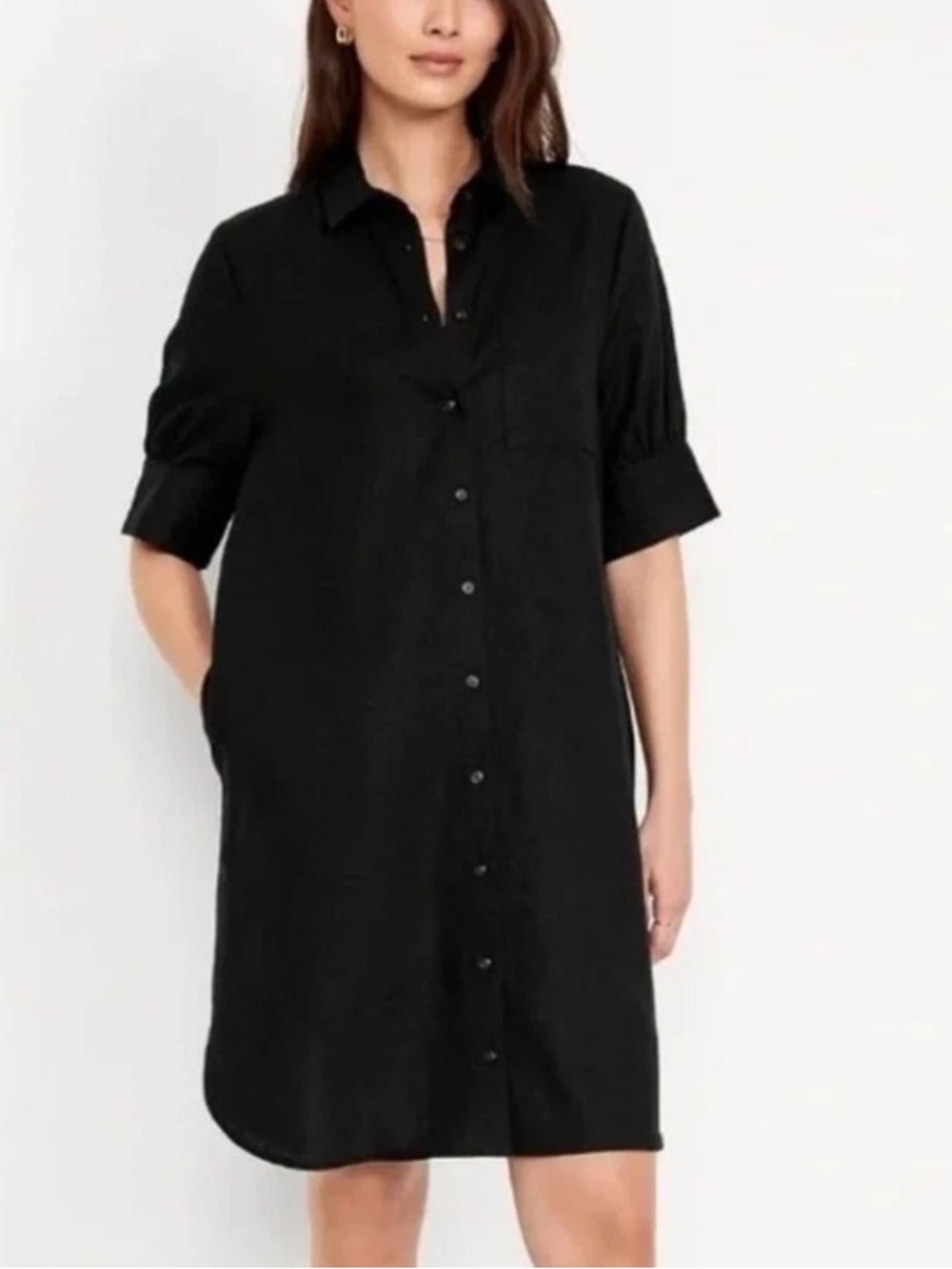 Old Navy Black Linen Blend Puff Sleeve Shirt Dress Large